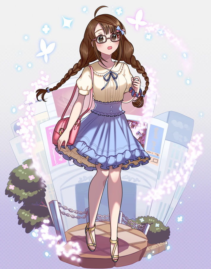 1girl, ahoge, bag, blouse, blush, bow, braid, brown_eyes