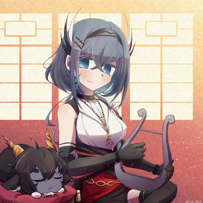 1girl, arknights, bare_shoulders, black_gloves, black_hair, black_hairband, black_shorts, black_thighhighs