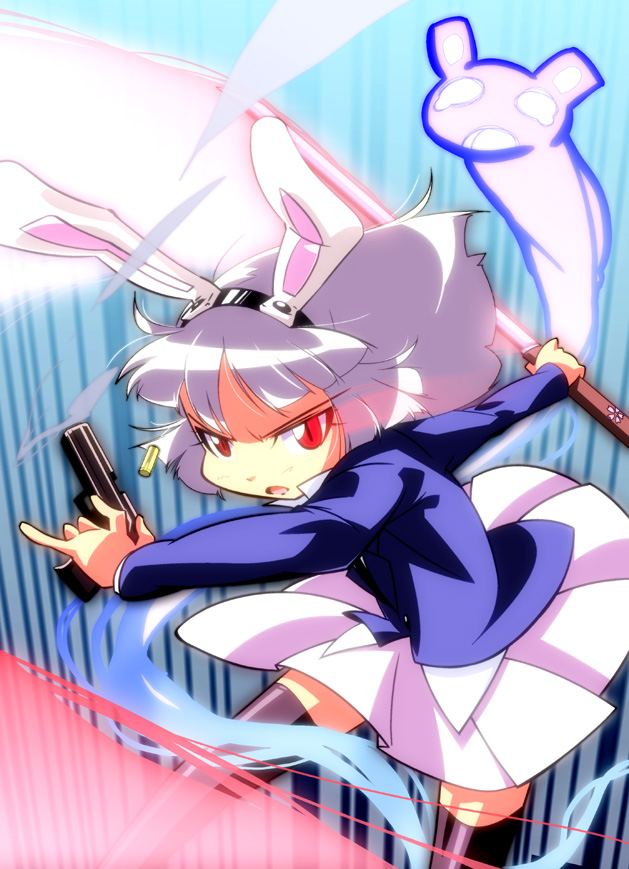 gun, if_they_mated, katana, konpaku_youmu, purple_hair, red_eyes, reisen_udongein_inaba, shokkin
