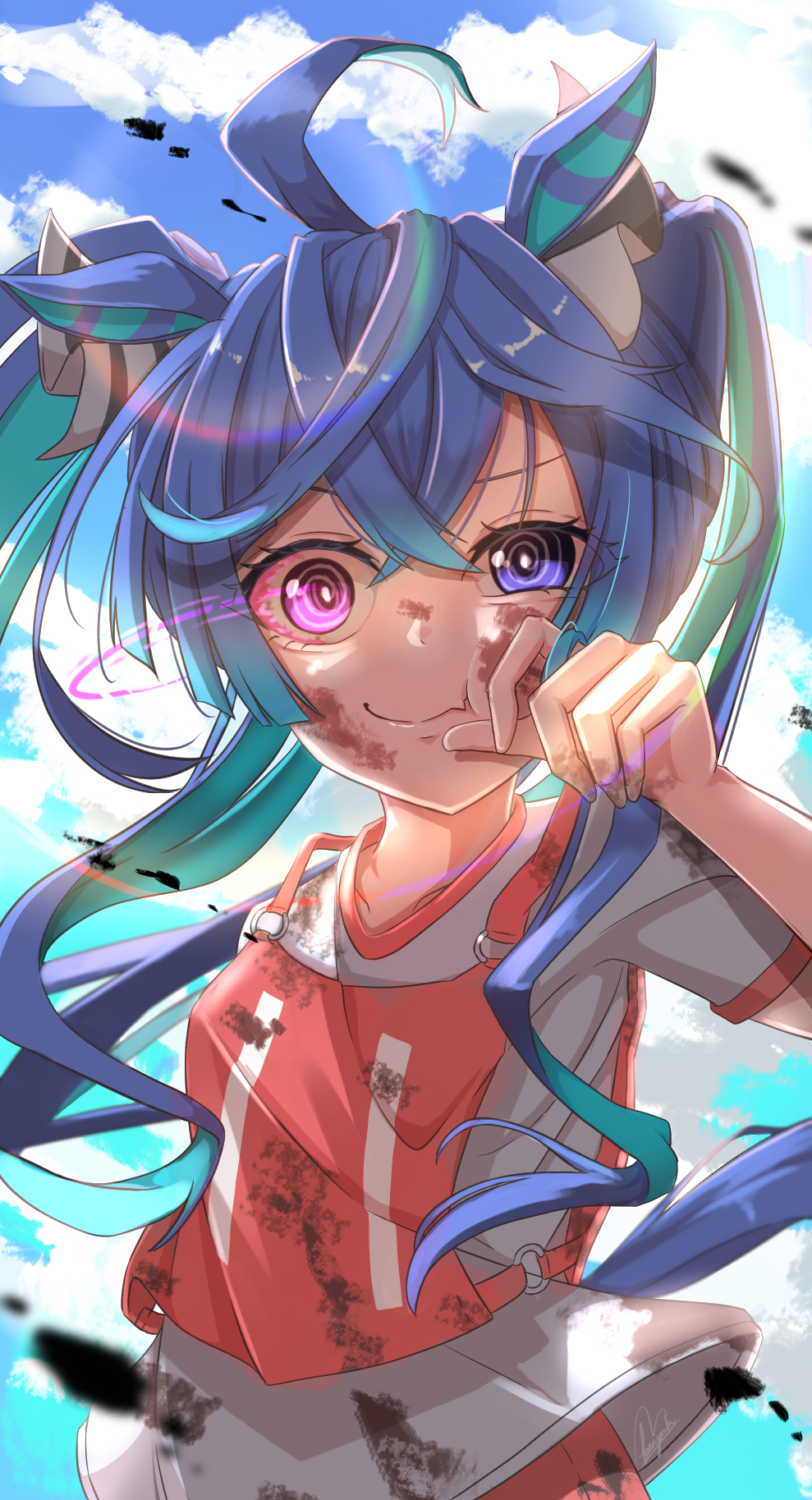 1girl, ahoge, animal_ears, backlighting, benjamin_1kt, black_ribbon, blue_eyes, blue_hair