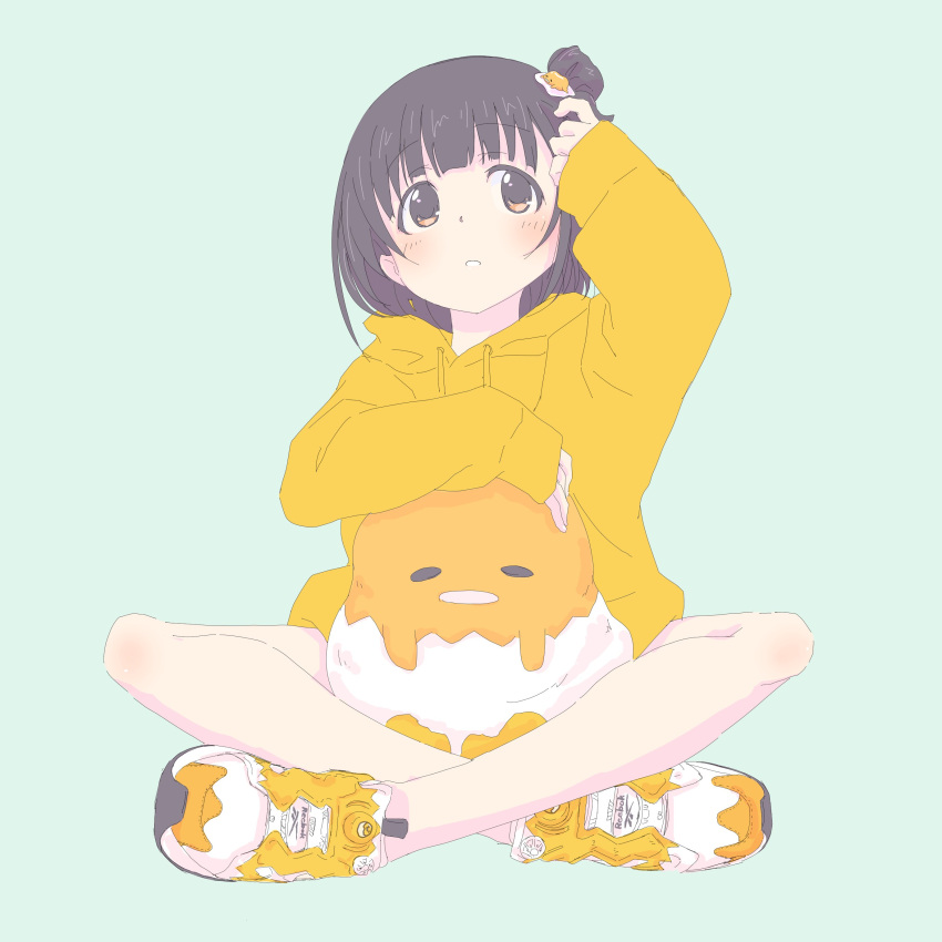 1girl, absurdres, adjusting_hair, black_hair, blunt_bangs, brown_eyes, character_hair_ornament, drawstring