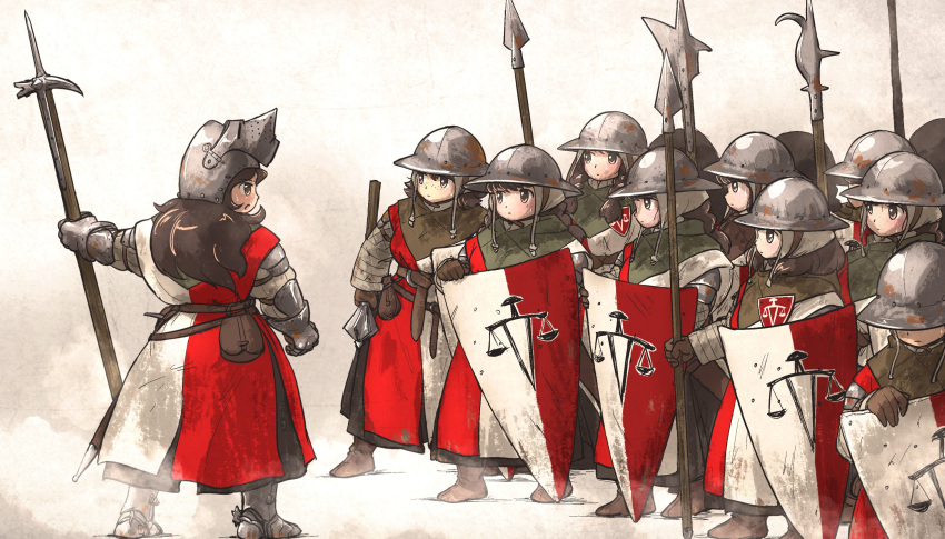 6+girls, absurdres, armor, armored_gloves, bassinet, belt, boots, braid