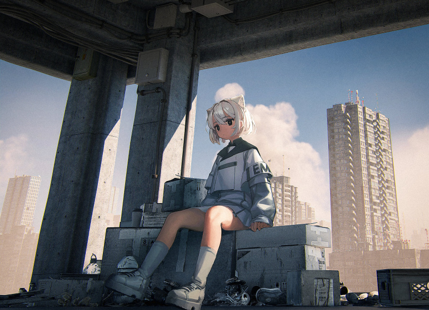 1girl, absurdres, animal_ear_fluff, animal_ears, bottle, box, building, city