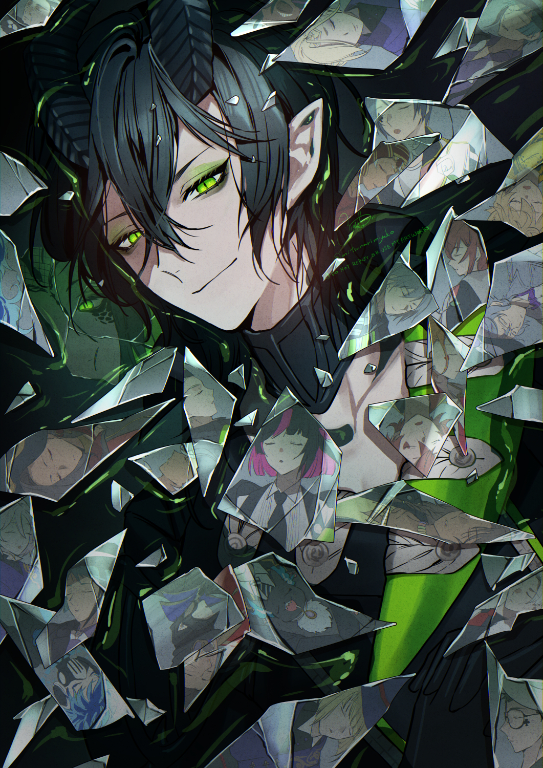 6+boys, ace_trappola, anniversary, azul_ashengrotto, black_gloves, black_hair, black_headwear, black_jacket, black_necktie, black_vest, blonde_hair, blue_hair, bow, bowtie, brown_hair, closed_eyes, collar, colored_inner_hair, commentary, dark-skinned_male, dark_skin, deuce_spade, different_reflection, dire_crowley, divus_crewel, dragon_boy, dragon_horns, english_commentary, epel_felmier, eyeshadow, fedora, floyd_leech, glass, glass_shards, glasses, gloves, green_eyes, green_eyeshadow, green_shirt, grey_jacket, grim_(twisted_wonderland), hair_between_eyes, hat, highres, hood, hood_up, hooded_jacket, horns, idia_shroud, jacket, jade_leech, jamil_viper, kalim_al-asim, leona_kingscholar, lilia_vanrouge, long_hair, looking_at_viewer, makeup, male_focus, malleus_draconia, mask, mitsunari_miyako, mozus_trein, multicolored_hair, multiple_boys, necktie, open_mouth, ortho_shroud, pink_hair, pointy_ears, purple_shirt, red_necktie, redhead, reflection, riddle_rosehearts, rook_hunt, ruggie_bucchi, sam_(twisted_wonderland), scales, sebek_zigvolt, shirt, short_hair, signature, silver_(twisted_wonderland), slit_pupils, smile, spiked_collar, spikes, trey_clover, twisted_wonderland, two-tone_hair, upper_body, vest, vil_schoenheit, white_bow, white_bowtie, white_hair, white_shirt