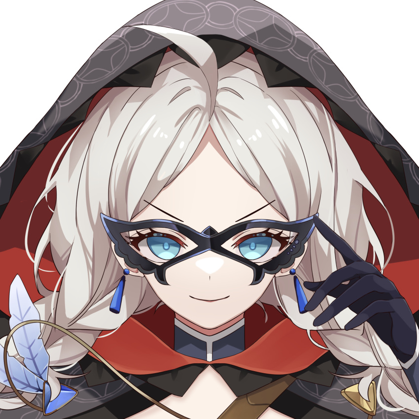 1girl, absurdres, adjusting_eyewear, ahoge, black_gloves, blue_brooch, blue_eyes, braid