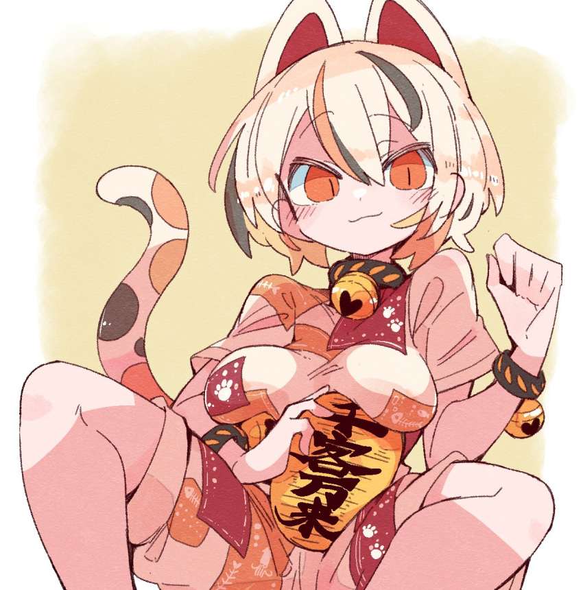 1girl, animal_ears, bell, black_hair, breasts, calico, cat_ears, cat_tail