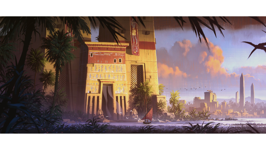 boat, building, clouds, egypt, egyptian_architecture, highres, letterboxed, lorenzo_lanfranconi