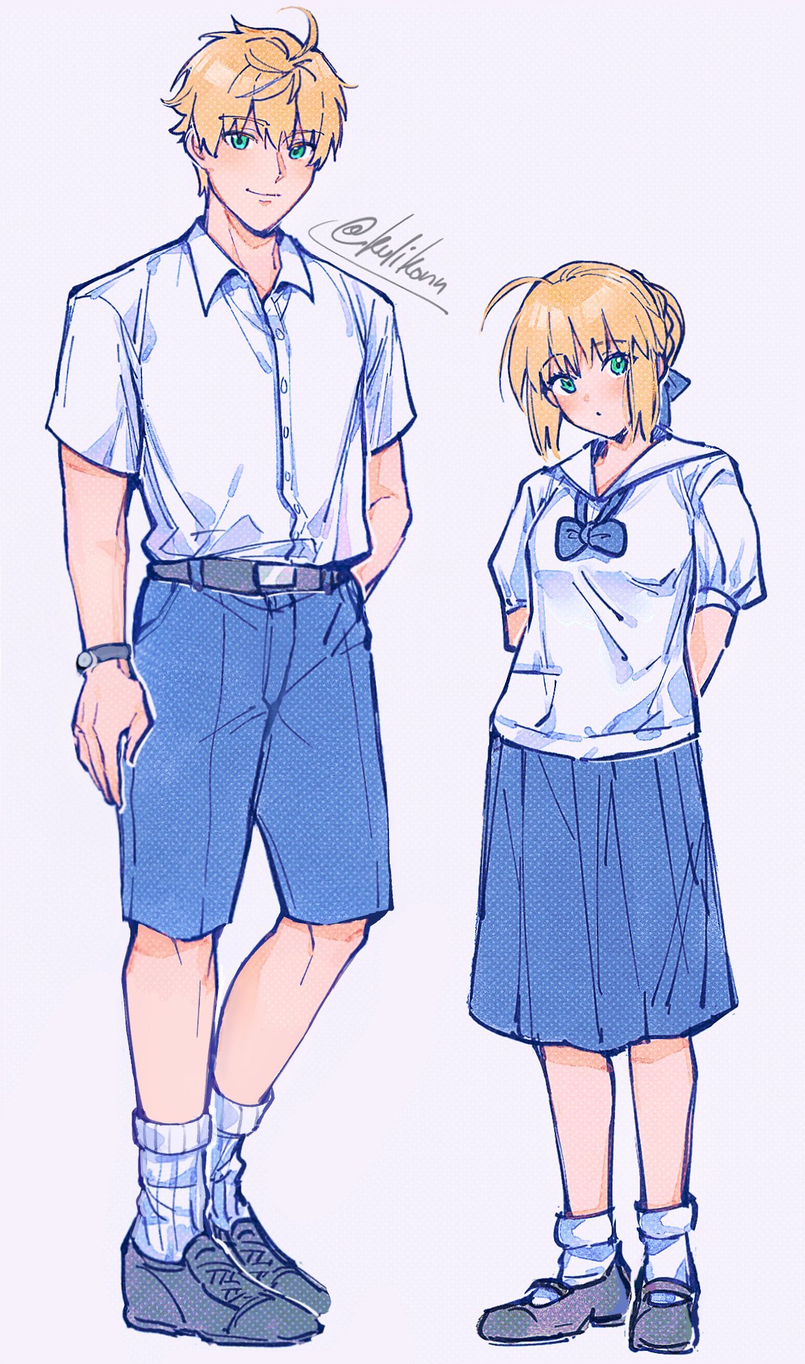 1boy, 1girl, ahoge, arm_behind_back, arms_behind_back, arthur_pendragon_(fate), artoria_pendragon_(fate), blonde_hair, blue_eyes, blue_shorts, blue_skirt, bow, bowtie, braid, collared_shirt, commentary_request, fate/prototype, fate/stay_night, fate_(series), french_braid, hair_ribbon, highres, kulissara-aung, loose_bowtie, medium_skirt, ribbed_socks, ribbon, saber, school_uniform, serafuku, shirt, shorts, signature, skirt, socks, thai_commentary, watch, watch, white_socks