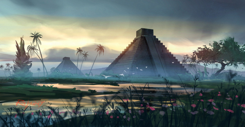 artist_name, building, landscape, no_humans, original, outdoors, palm_tree, rajawat, scenery, signature, sky, tree, watermark, ziggurat