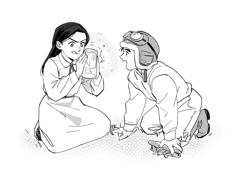 1boy, 1girl, aged_down, aviator_cap, battle_tendency, child, concentrating, cup