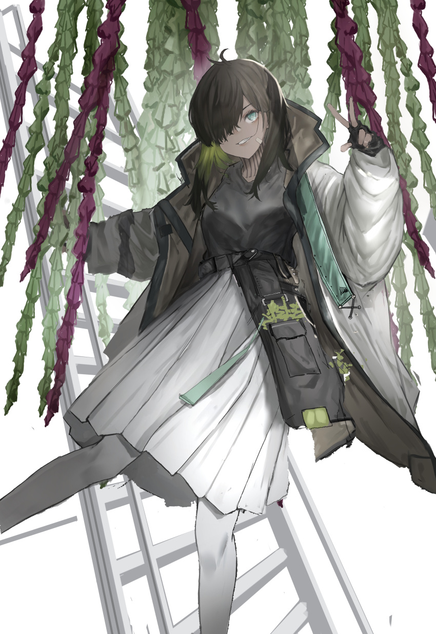 1girl, absurdres, arknights, bandaid, bandaid_on_face, black_gloves, black_hair, black_shirt, dark-skinned_female, dark_skin, fingerless_gloves, flint_(arknights), flint_(gorgeous_summer_flowers)_(arknights), gloves, hair_over_one_eye, highres, long_hair, neck_tattoo, official_alternate_costume, okayannosuke, pantyhose, shirt, skirt, smile, solo, tattoo, white_pantyhose, white_skirt