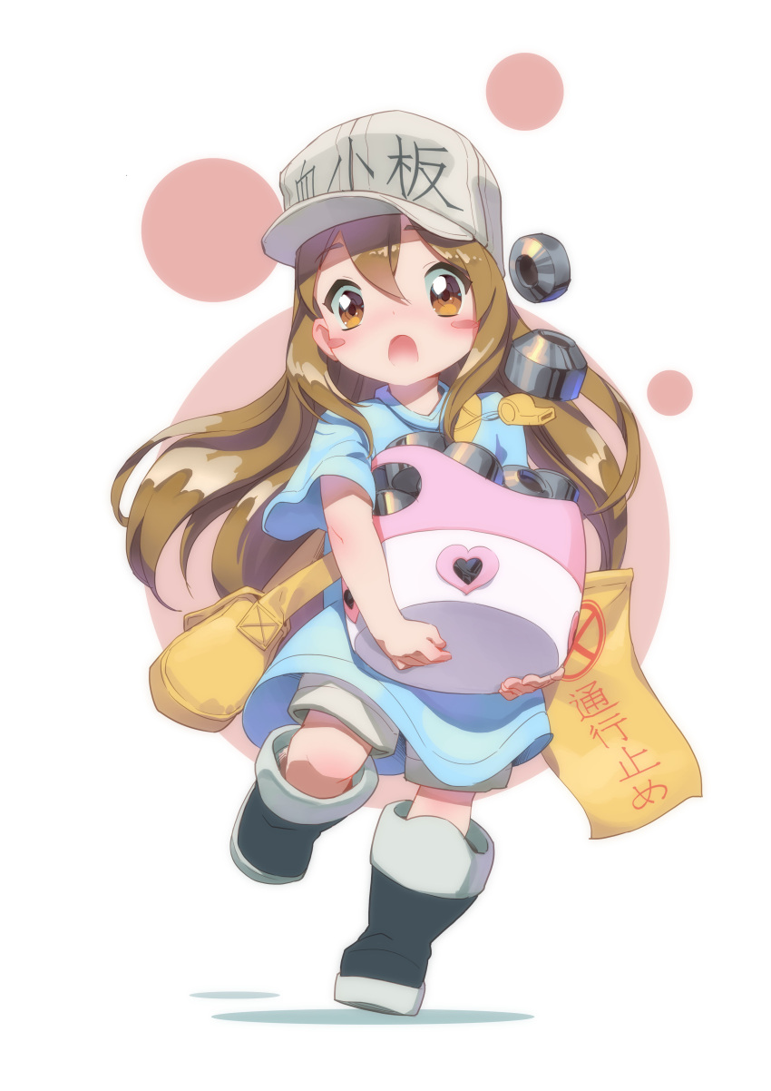 absurdres, baseball_cap, blue_shirt, child, flag, flat_cap, hat, hat_writing