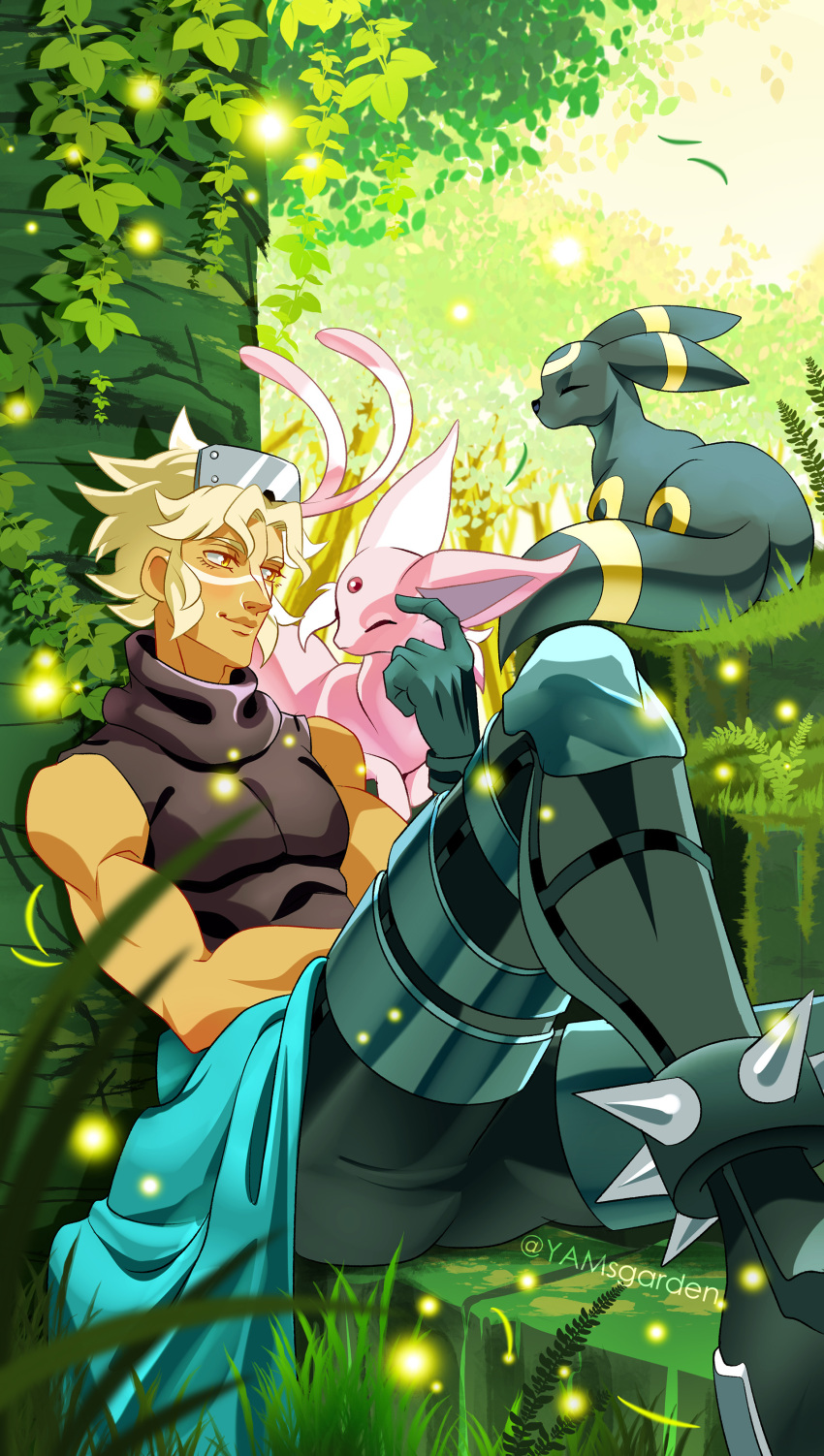 1boy, absurdres, against_tree, blonde_hair, closed_eyes, day, espeon, forest