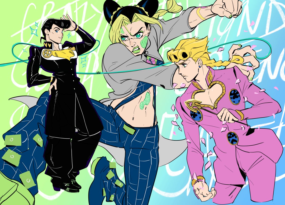 1girl, 2boys, arrow_(jojo), black_hair, blonde_hair, braid, cleavage_cutout, clothing_cutout