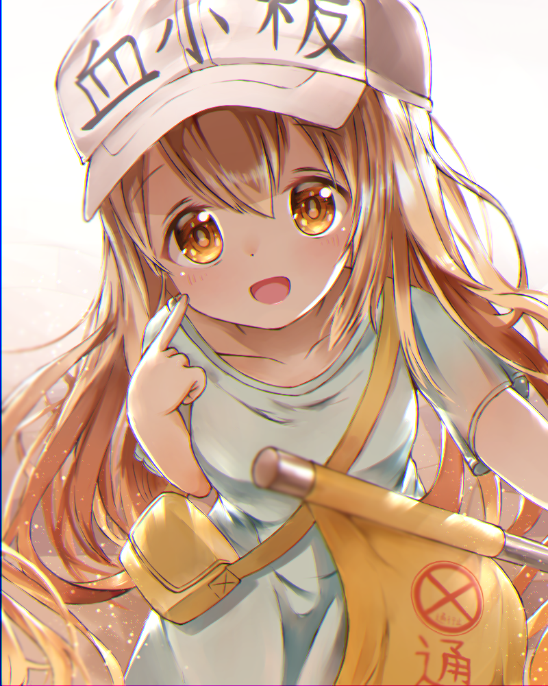 1girl, blue_shirt, child, flag, hat, hat_writing, hataraku_saibou, holding