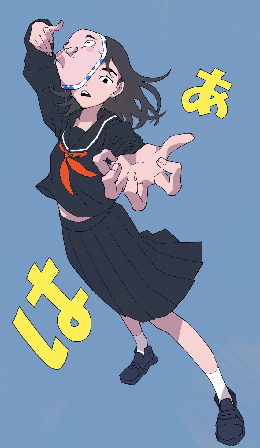 1girl, aqua_background, black_eyes, black_footwear, black_hair, black_sailor_collar, black_serafuku, black_shirt