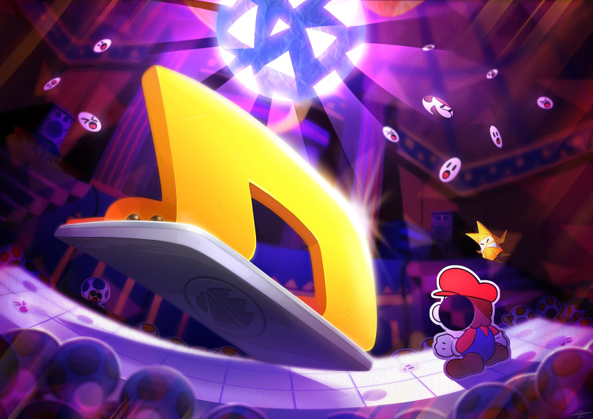 1boy, 1girl, alyuzakana, battle, blue_overalls, brown_footwear, brown_hair, commentary_request, disco, disco_ball, flat_cap, gloves, hat, highres, hole_punch_(paper_mario), indoors, mario, olivia_(paper_mario), overalls, paper_mario, paper_mario:_the_origami_king, red_headwear, red_shirt, shirt, shoes, short_hair, speaker, stairs, sunglasses, super_mario_bros., suspenders, toad_(mario), white_gloves