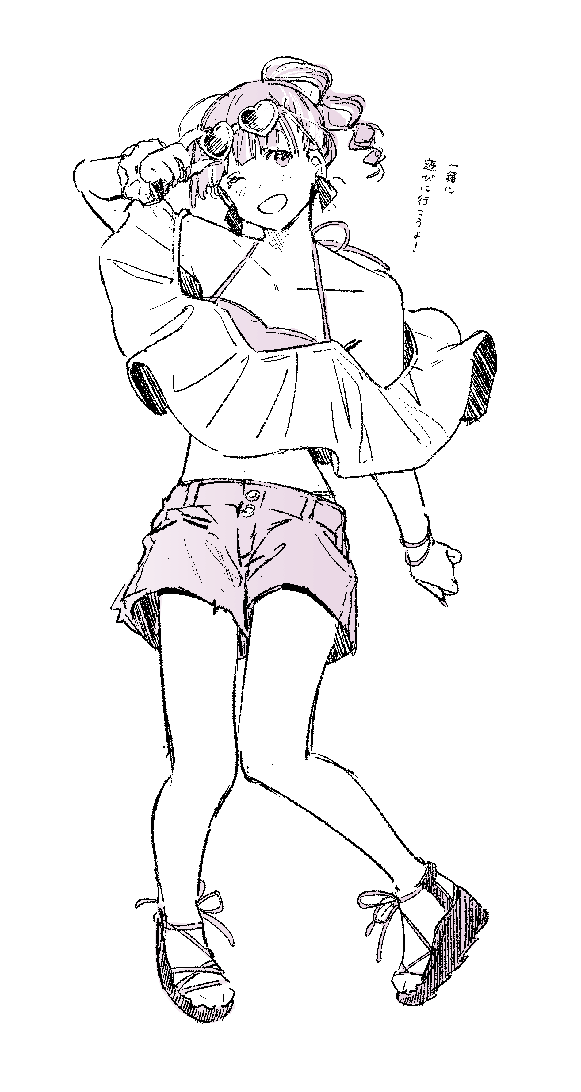 1girl, ;d, absurdres, adjusting_eyewear, ankle_strap, arm_at_side, arm_up, armpit_crease