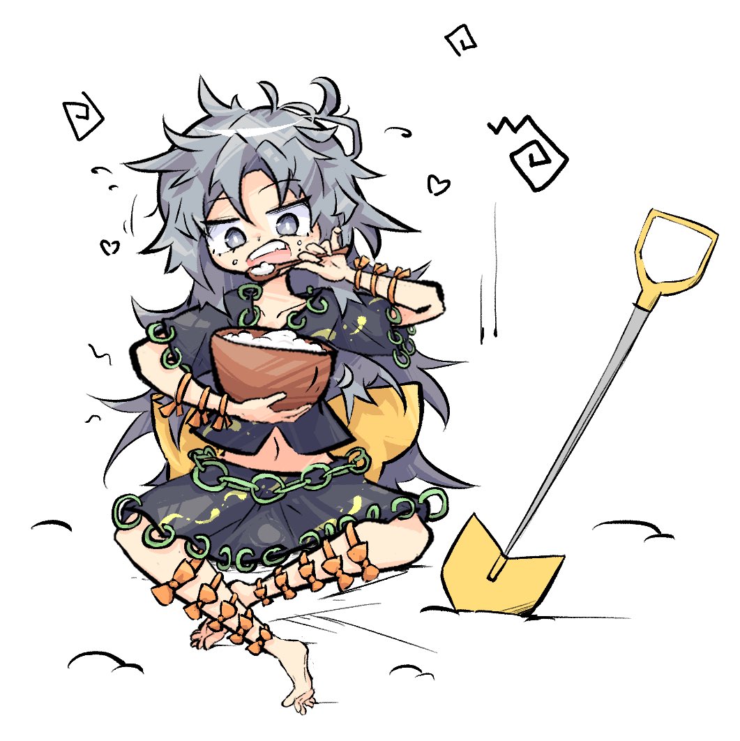 1girl, barefoot, bowl, eating, himemushi_momoyo, holding, holding_spoon, open_mouth
