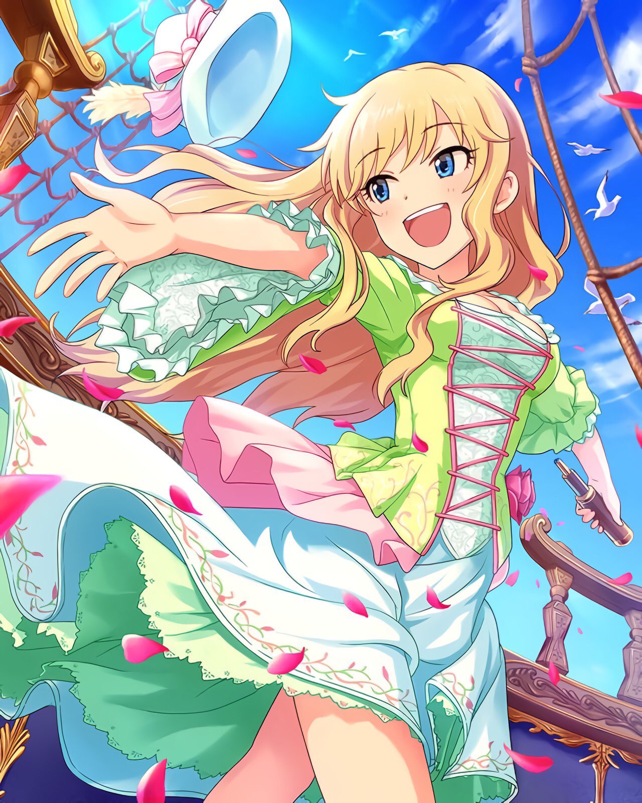 1girl, airplane_arms, bare_legs, bird, blonde_hair, blue_eyes, blue_sky, bow