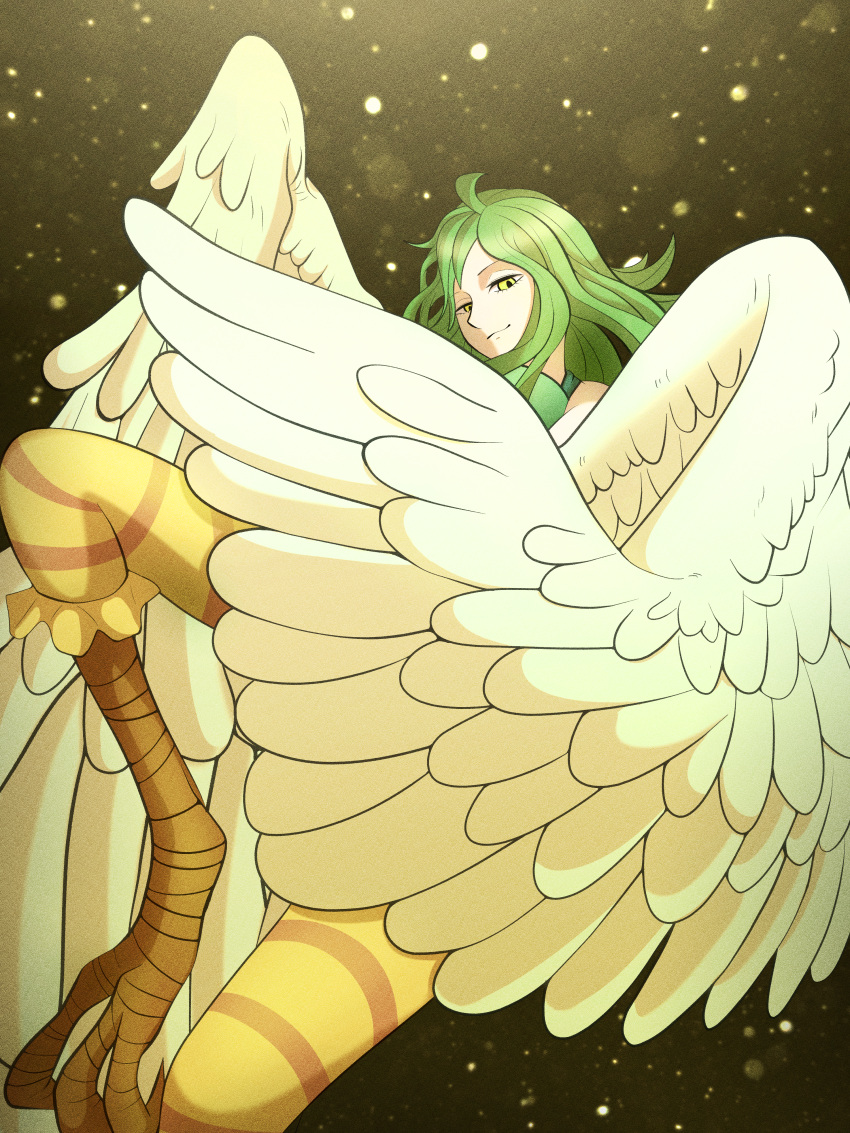 1girl, absurdres, ahoge, amearareeeeeeee, bird_legs, breasts, commentary_request, feathered_wings, feathers, green_hair, harpy, highres, long_hair, monet_(one_piece), monster_girl, one_piece, smile, solo, striped, talons, white_wings, winged_arms, wings, yellow_eyes