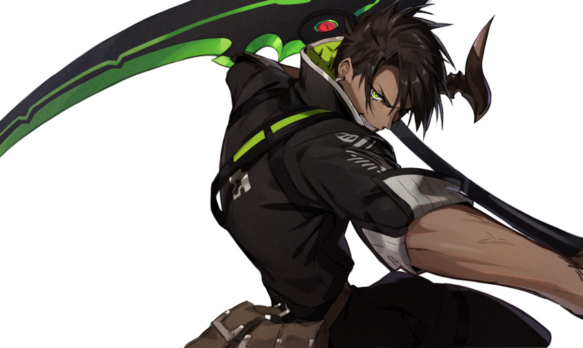 1boy, aragami_oga, belt_pouch, black_hair, black_shirt, clenched_teeth, dark-skinned_male, dark_skin