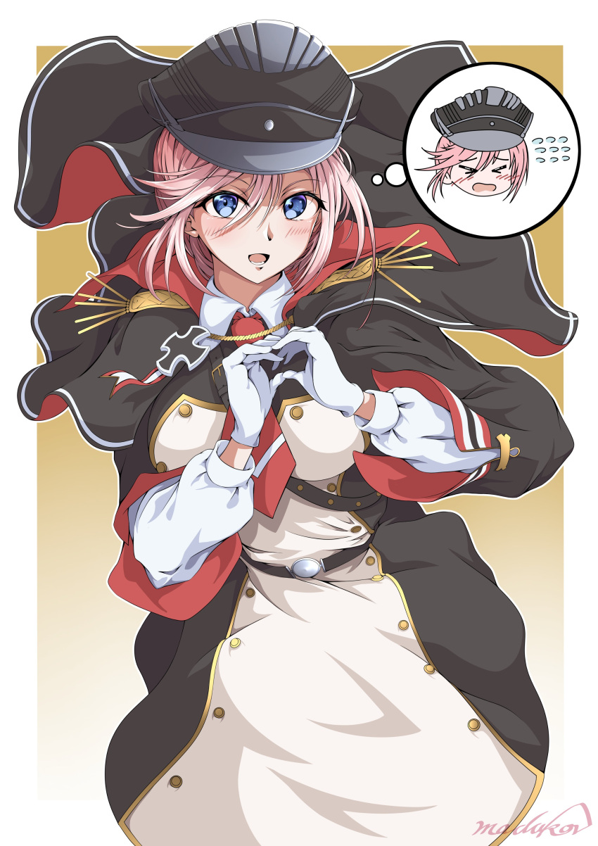 >o<, 1girl, absurdres, artist_name, azur_lane, black_cape, black_headwear, blue_eyes