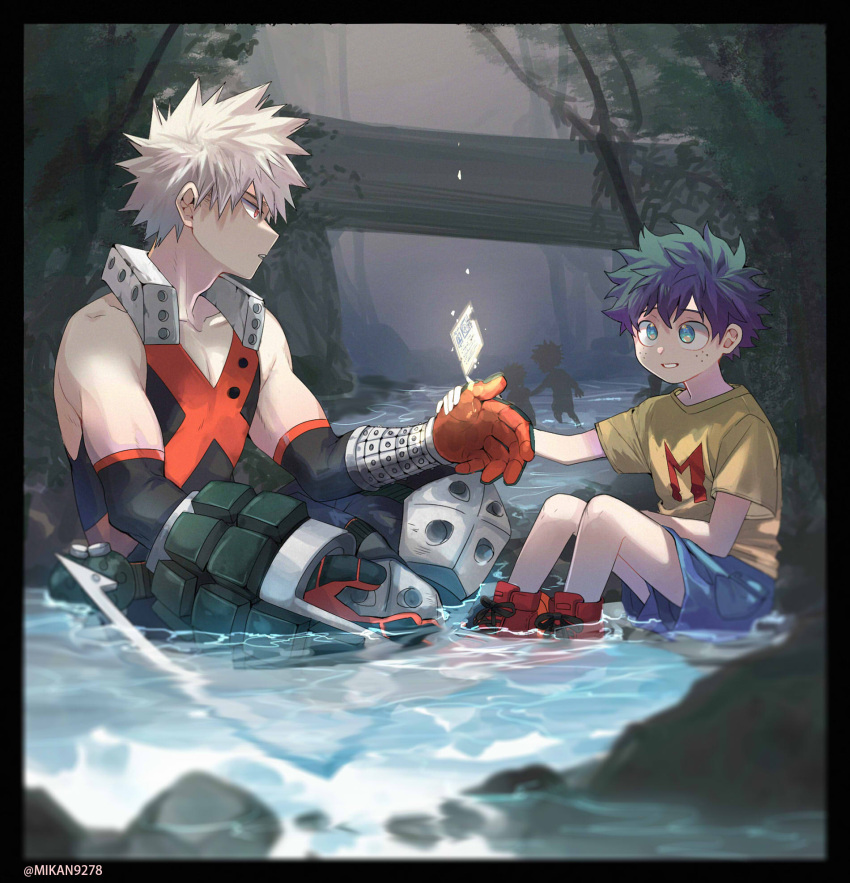 4boys, aged_down, arm_on_thigh, atmospheric_perspective, baggy_pants, bakugou_katsuki, bare_shoulders, belt