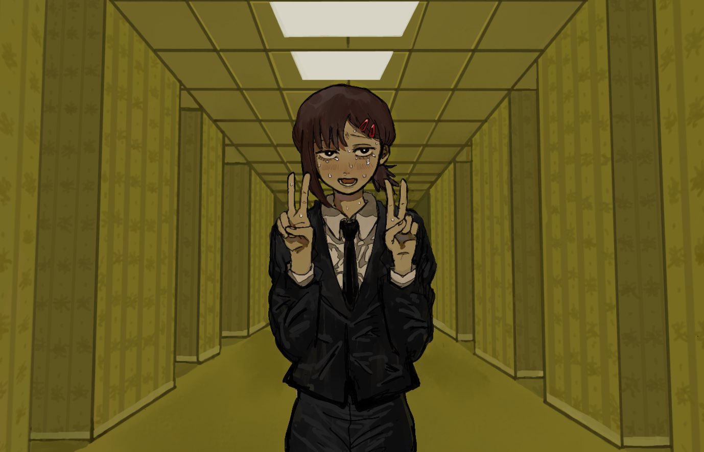 backrooms_(creepypasta), black_jacket, black_necktie, black_pants, brown_hair, chainsaw_man, collared_shirt, double_v, formal, hhn_965, higashiyama_kobeni, jacket, looking_at_viewer, necktie, pants, shirt, shirt_tucked_in, short_hair, short_ponytail, side_ponytail, single_sidelock, suit, suit_jacket, sweat, sweating_profusely, v, white_shirt