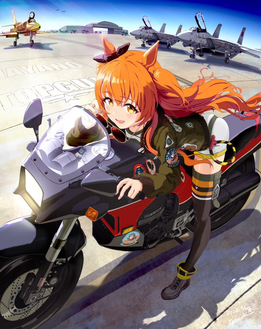 1girl, aircraft, airplane, american_flag, artist_name, aviator_sunglasses, black_footwear, bomber_jacket, dated, english_text, estrella_(uypu4574), f-14_tomcat, fighter_jet, green_jacket, hangar, highres, jacket, jet, leaning_forward, long_sleeves, mayano_top_gun_(umamusume), military, military_vehicle, motor_vehicle, motorcycle, orange_eyes, orange_hair, patch, shadow, shorts, solo, sunglasses, top_gun, top_gun:_maverick, twintails, two_side_up, umamusume, white_shorts