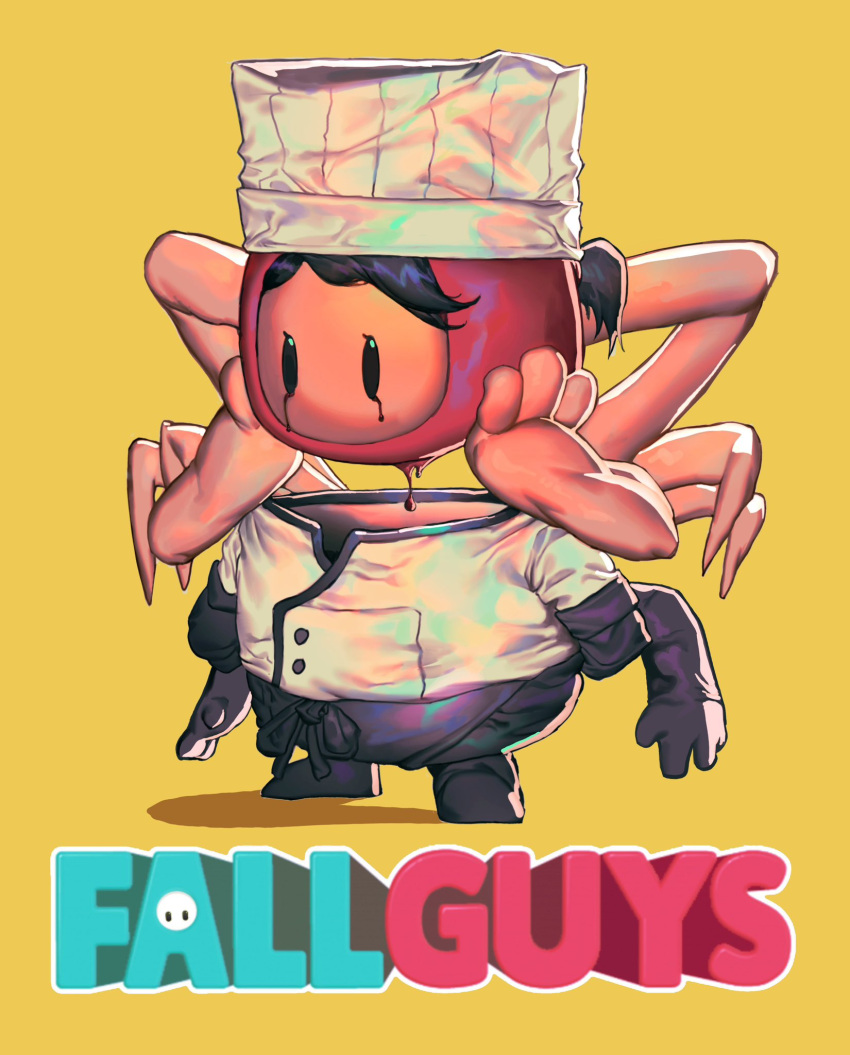 1girl, apron, arms_behind_back, arthropod_limbs, black_gloves, black_hair, blood, blood_drip