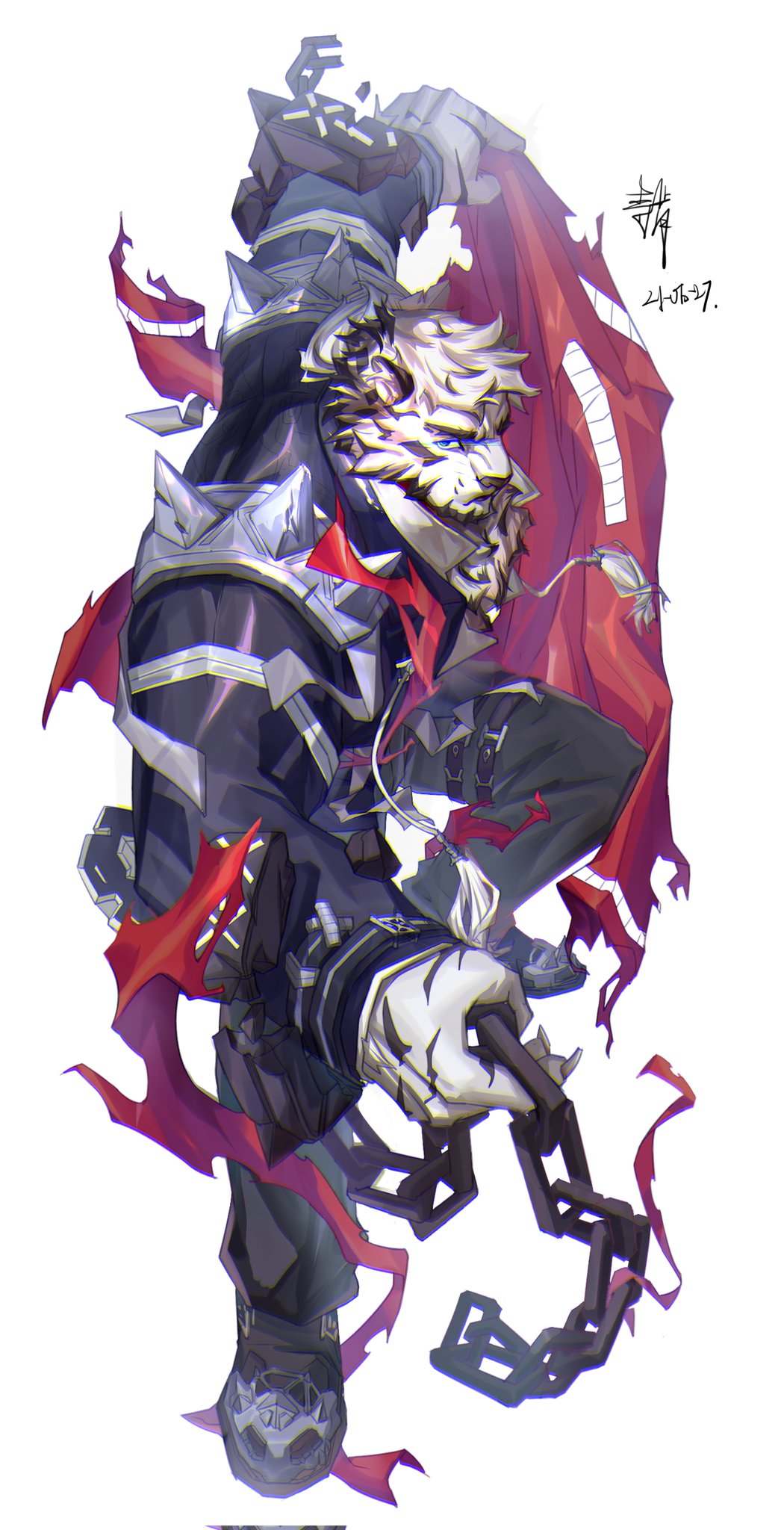 arknights, black_pants, black_shirt, chain, claws, furry, furry_male, highres