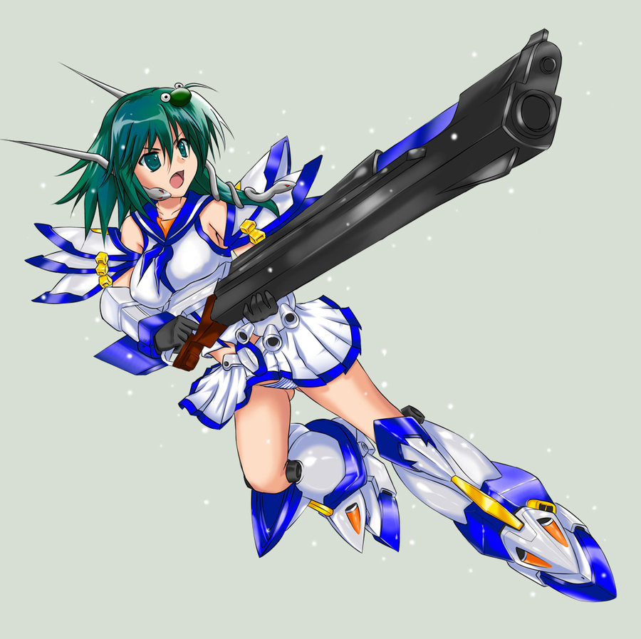 green_hair, gun, kochiya_sanae, mecha_musume, panties, super_robot_wars, super_robot_wars_original_generation, touhou
