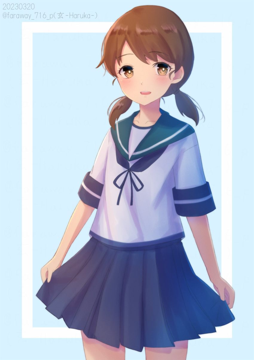 1girl, blue_background, blue_sailor_collar, blue_skirt, blush, brown_eyes, brown_hair, haruka_faraway716