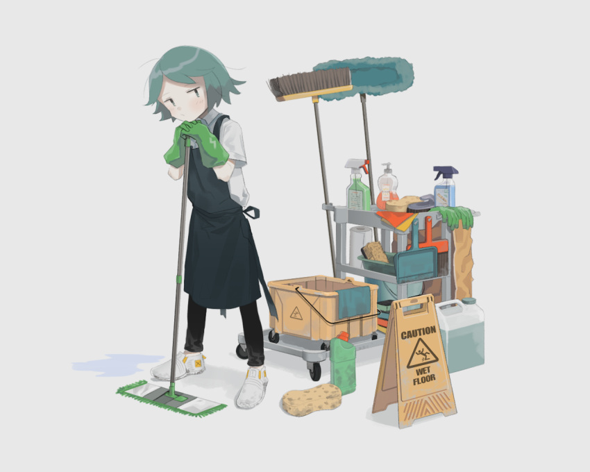 1girl, apron, aqua_eyes, aqua_hair, bottle, ccg, gloves, green_gloves
