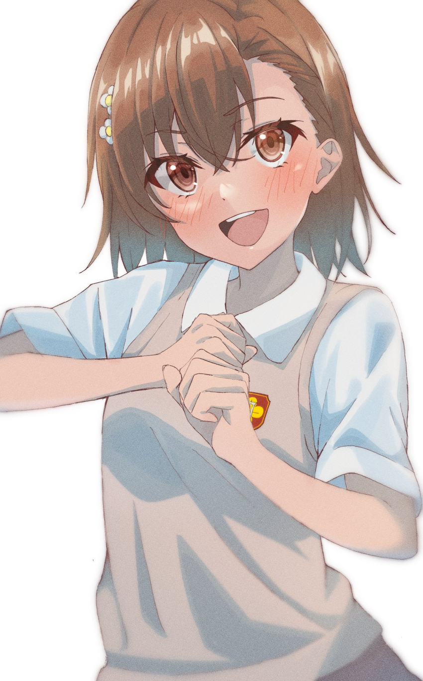 1girl, absurdres, asymmetrical_bangs, blush, breasts, brown_eyes, brown_hair, brown_vest