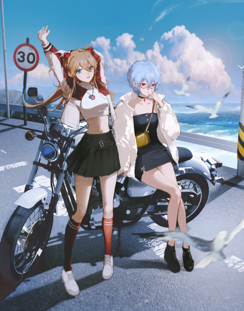 2girls, absurdres, ayanami_rei, bag, bird, black_dress, black_footwear, black_skirt, blue_eyes, blue_hair, blurry, blurry_foreground, blush, breasts, clouds, coat, crop_top, dress, full_body, gjygyao, glasses, hair_between_eyes, headgear, highres, jacket, jewelry, letterman_jacket, long_hair, long_sleeves, medium_breasts, midriff, miniskirt, motor_vehicle, motorcycle, multiple_girls, necklace, neon_genesis_evangelion, ocean, orange_hair, outdoors, parted_lips, pendant_choker, pleated_skirt, red_eyes, red_socks, road, road_sign, seagull, shirt, shoes, short_hair, shoulder_bag, sign, skirt, sneakers, socks, souryuu_asuka_langley, strapless, strapless_dress, stretching, tube_dress, white_coat, white_footwear, white_shirt