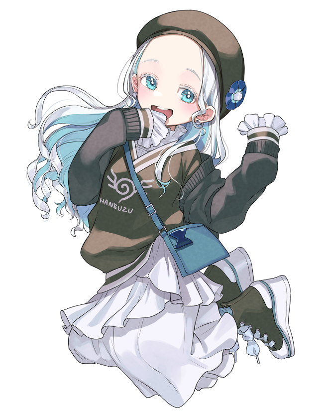 1girl, :d, bag, beret, black_footwear, black_jacket, blue_bag, blue_eyes