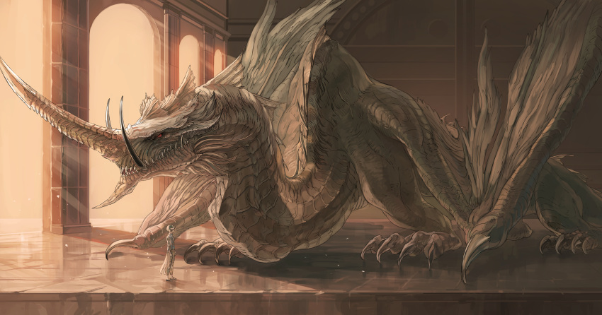 1boy, architecture, au_ra, building, claws, dragon, dragon_horns, dragon_wings, final_fantasy, final_fantasy_xiv, highres, horns, light_rays, monster, red_eyes, sakaya313, scales, sharp_teeth, teeth, tusks, varshahn, vrtra, western_dragon, wings