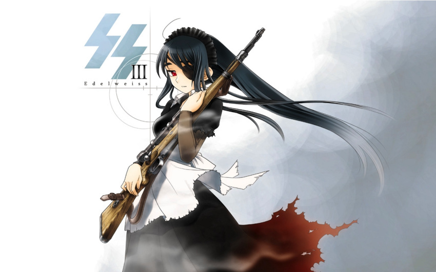 apron, black_hair, bolt_action, edelweiss, eyepatch, firearm, gun, hair_ornament
