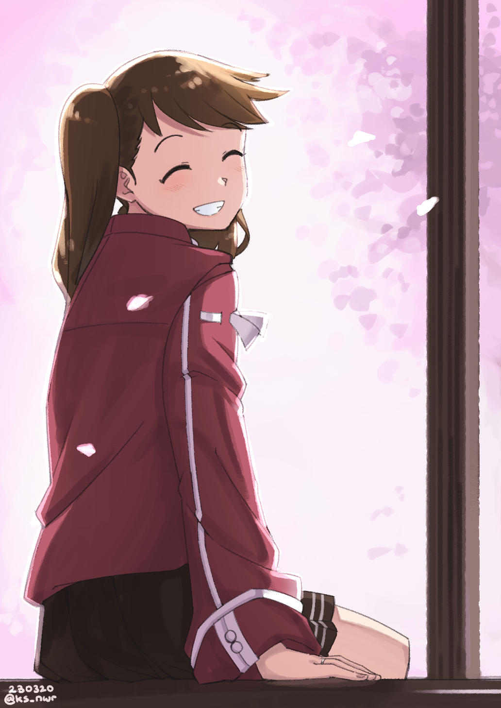 1girl, black_skirt, brown_hair, closed_eyes, cowboy_shot, dated, facing_viewer, from_behind, grin, highres, jacket, kantai_collection, long_hair, nwr, petals, pillar, pleated_skirt, red_jacket, ryuujou_(kancolle), skirt, smile, solo, twintails, twitter_username