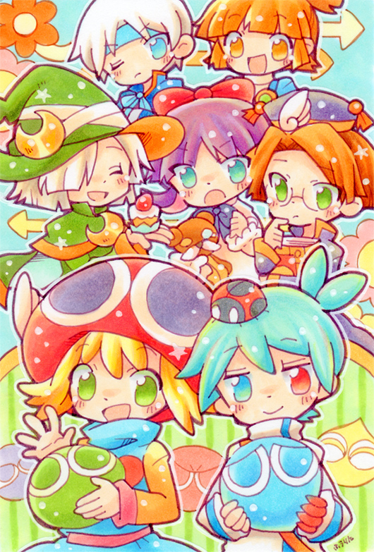 3girls, 4boys, aged_down, amitie_(puyopuyo), arle_nadja, arrow_(symbol), blonde_hair, blue_background, blue_eyes, blue_hair, brown_hair, closed_eyes, feli_(puyopuyo), flower, green_eyes, grey_hair, hat, heterochromia, hurin1192, klug_(puyopuyo), lemres_(puyopuyo), looking_at_viewer, multiple_boys, multiple_girls, multiple_others, purple_hair, puyo_(puyopuyo), puyopuyo, puyopuyo_7, redhead, schezo_wegey, sig_(puyopuyo), smile, wizard_hat, yellow_eyes