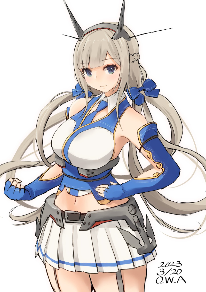 1girl, adapted_costume, artist_name, between_breasts, blue_bow, blue_eyes, blue_necktie, blush