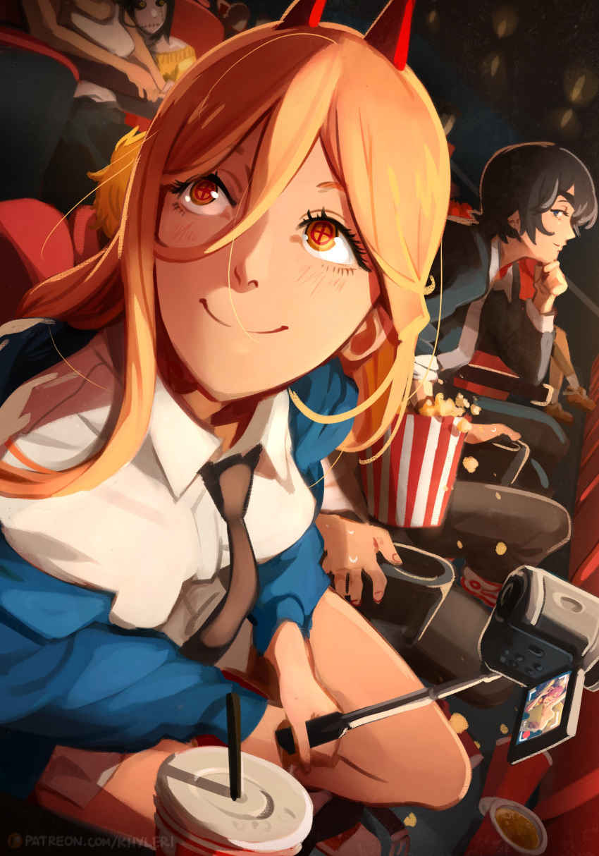 2girls, absurdres, black_hair, black_necktie, blonde_hair, blue_jacket, camera, chainsaw_man