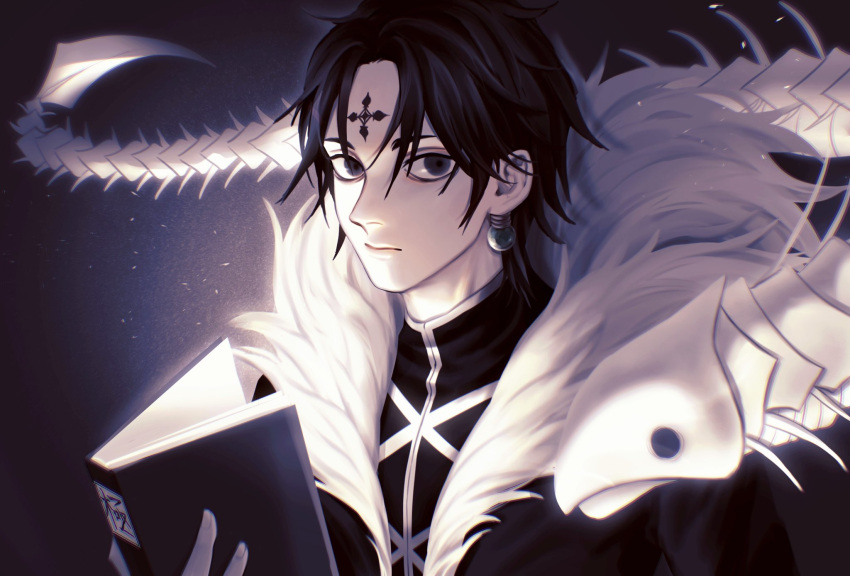 1boy, black_hair, black_suit, book, chrollo_lucilfer, coat, cross, cross_tattoo, enyalee, expressionless, facial_mark, forehead_mark, forehead_tattoo, formal, highres, holding, holding_book, hunter_x_hunter, indoor_fish, inverted_cross, looking_at_viewer, male_focus, parted_bangs, short_hair, solo, suit, upper_body