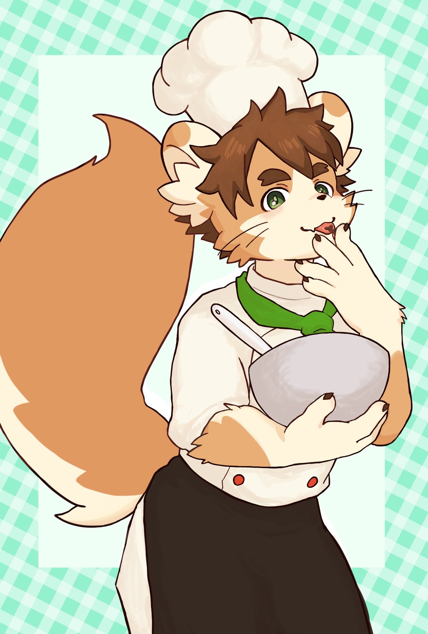 1boy, bowl, brown_fur, chef_hat, chocolate, claws, furry, furry_male