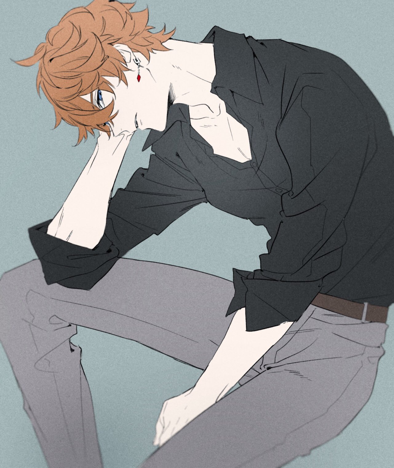 1boy, belt, black_shirt, blue_background, blue_eyes, brown_belt, buttons, collarbone