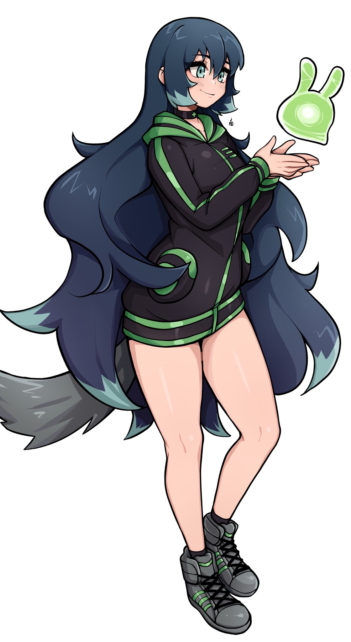 1girl, black_hoodie, blue_hair, blush, breasts, choker, closed_mouth, collarbone