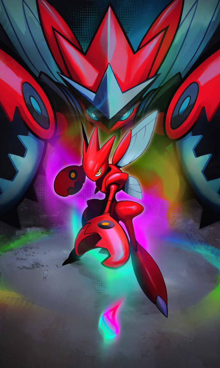 absurdres, atmosgear, commentary, glowing, green_eyes, highres, horns, legs_apart