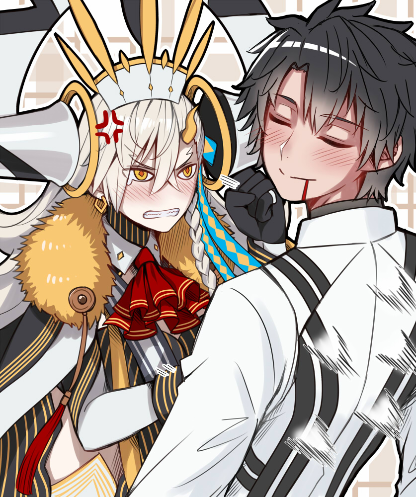 1boy, 1girl, anger_vein, angry, annoyed, black_hair, blood, blood_from_mouth